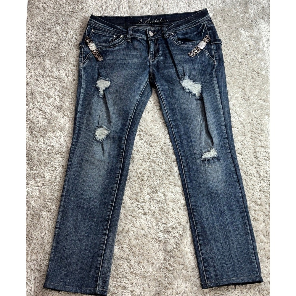 LA Idol USA Distressed Rhinestone‎ Leopard Print Jeans Blue Denim Womens 13 Y2K